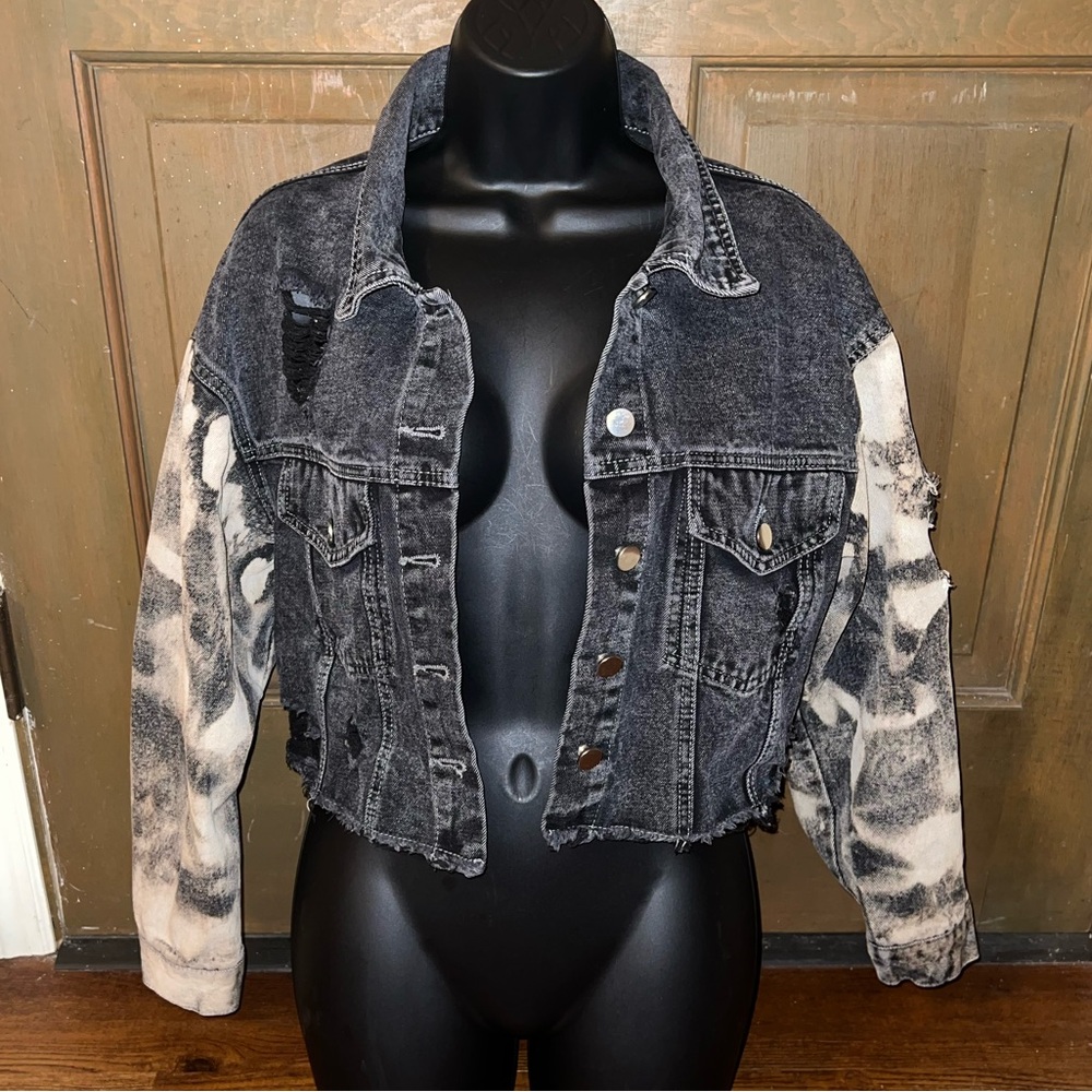 Black Distressed Punk Gray Acid Wash Sleeves Crop Moto Button Up Jacket Size S - Picture 7 of 12